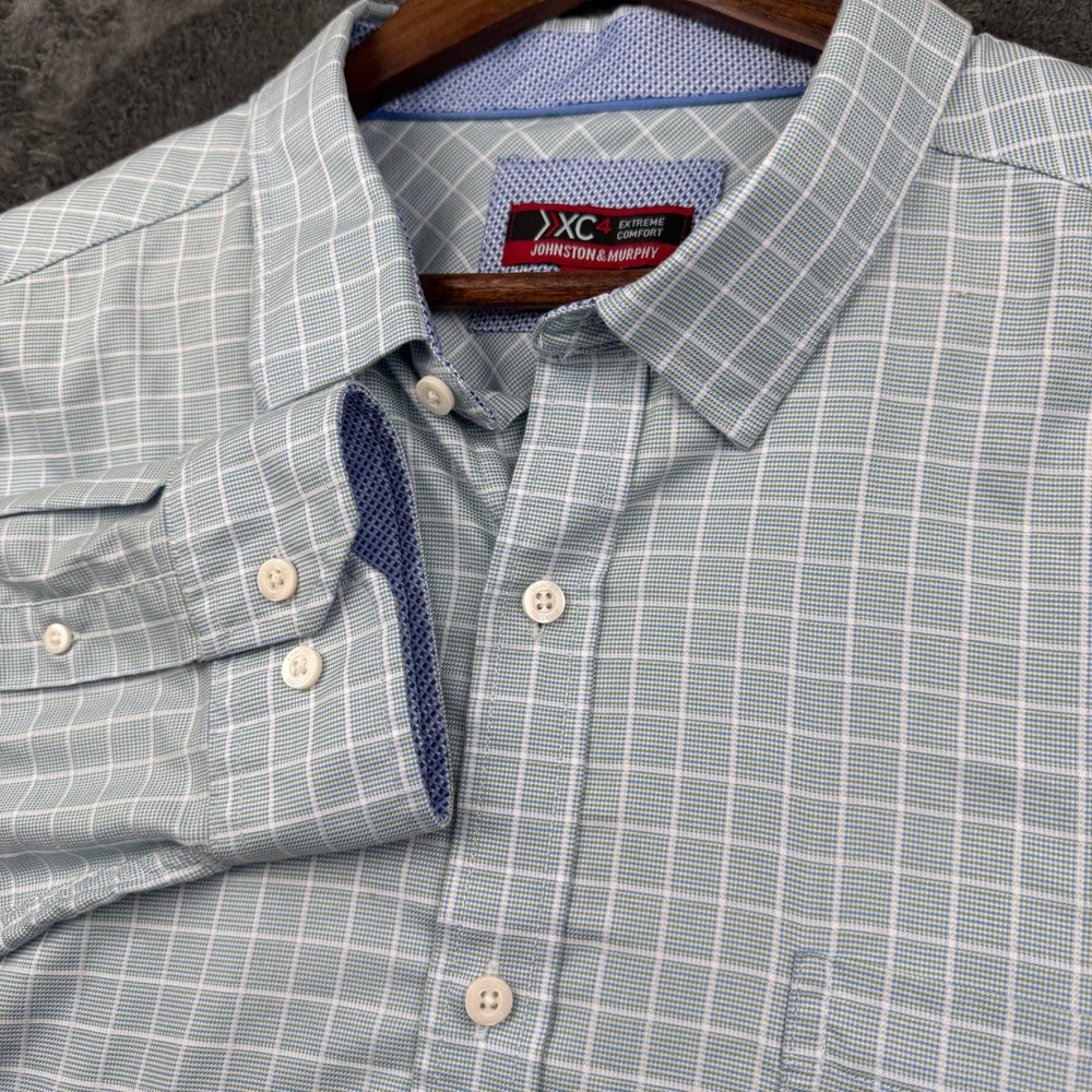 Johnston & Murphy Shirt Mens XXL XC4 Extreme Comfort Blue Green Grid Excellent